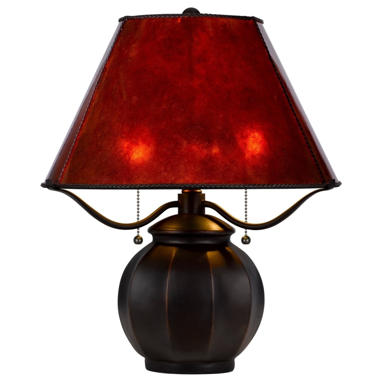Saltoro Sherpi 20 Inch Table Lamp, Vintage Red Amber Mica Shade, Upturned Arms, Round Body-